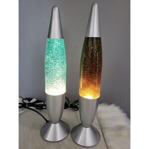 LOT 2 Vintage 2000s Pliable Art Green Blue Lava Glitter Silver Bullet Lamp y2k